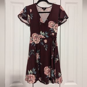Burgundy floral faux wrap mini dress